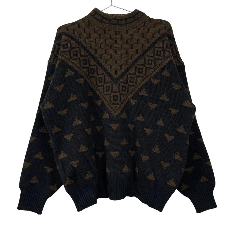 Vintage Cosi L'Uomo Grandpa Cosby Sweater Geometric Mock Neck Large Black Brown - Picture 1 of 9